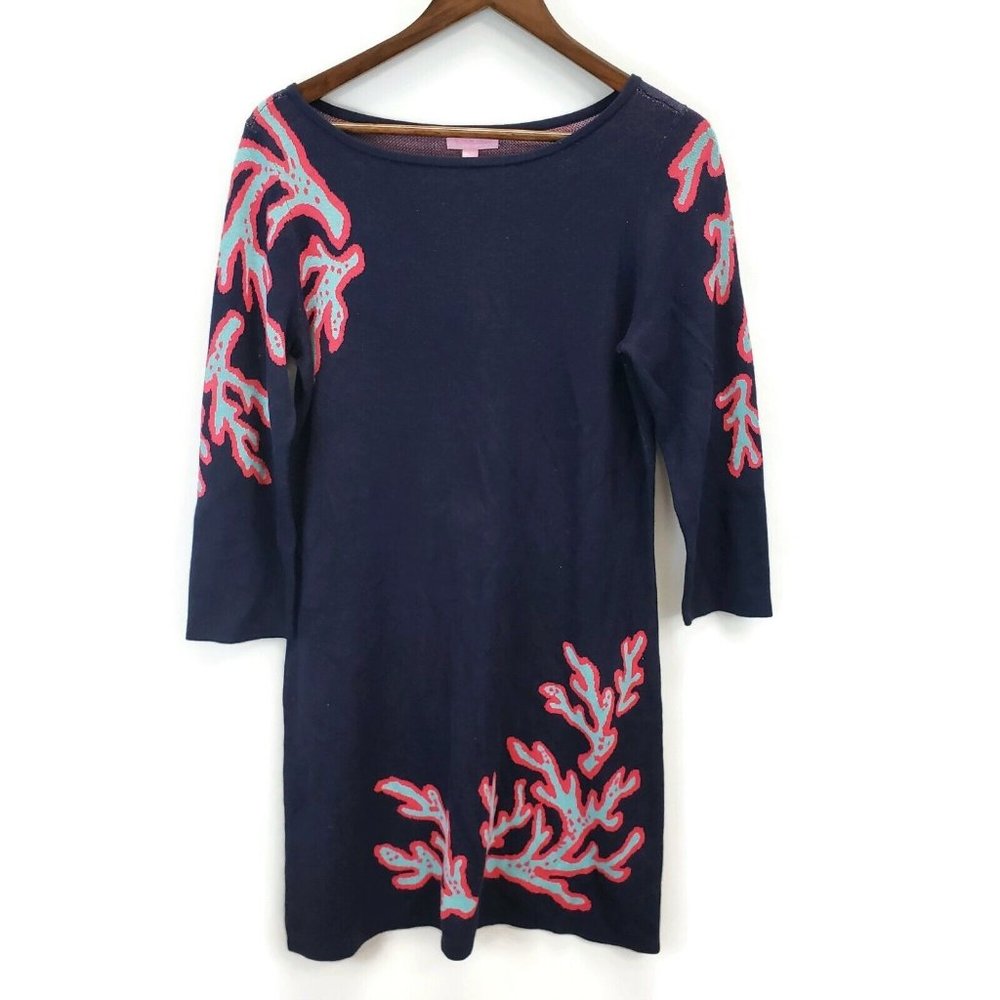 Lilly Pulitzer Womens Polly Sweater Shift Dress Size L Coral Jacquard Navy NWT